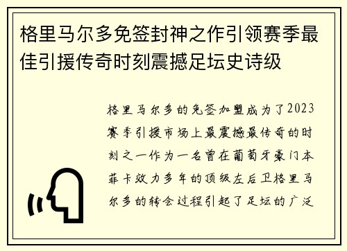 格里马尔多免签封神之作引领赛季最佳引援传奇时刻震撼足坛史诗级